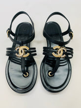 Load image into Gallery viewer, CHANEL Black CC Flat Thong Sandals Size 36