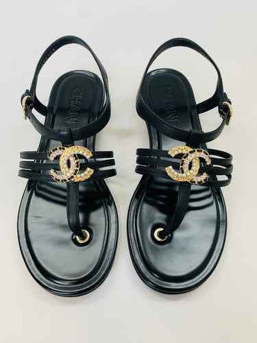 CHANEL Black CC Flat Thong Sandals Size 36