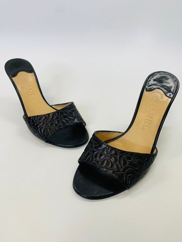 CHANEL Black CC Camellia Sandals Size 37 1/2