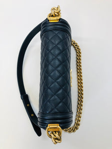 CHANEL Dark Blue Grained Calfskin Medium Boy Bag