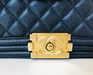 CHANEL Dark Blue Grained Calfskin Medium Boy Bag