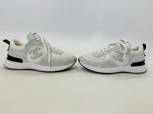 CHANEL Grey and White CC Lace Up Sneakers Size 36