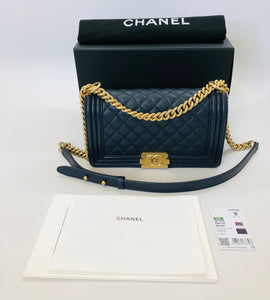 CHANEL Dark Blue Grained Calfskin Medium Boy Bag