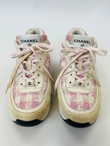 CHANEL Pink and Ivory Tweed CC Sneakers Size 37 1/2