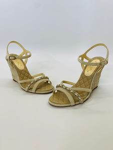 CHANEL Beige Quilted Suede Wedge Sandals Size 39 1/2