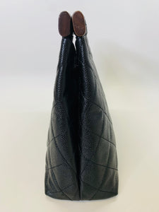 CHANEL Vintage Black Caviar Leather Wooden Handle Bag