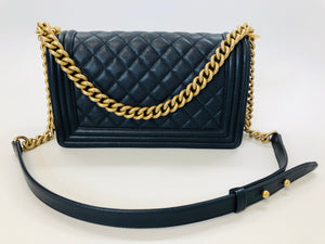 CHANEL Dark Blue Grained Calfskin Medium Boy Bag