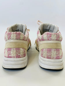 CHANEL Pink and Ivory Tweed CC Sneakers Size 37 1/2