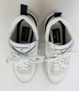 CHANEL Grey and White CC Lace Up Sneakers Size 36