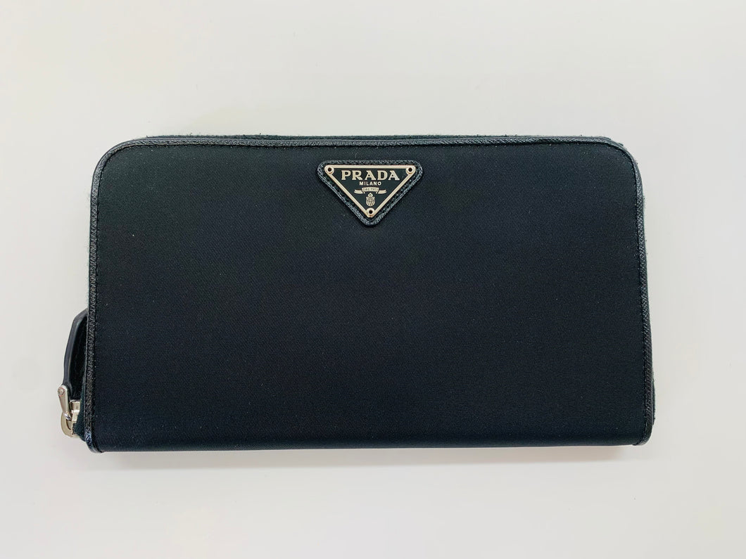 Prada Black Tessuto Nylon Large Zip Around Wallet