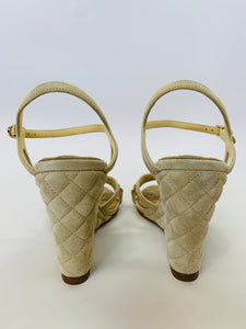 CHANEL Beige Quilted Suede Wedge Sandals Size 39 1/2