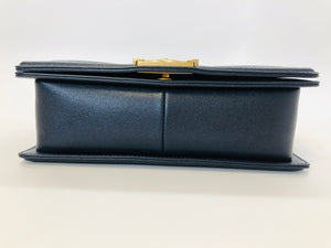 CHANEL Dark Blue Grained Calfskin Medium Boy Bag