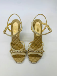 CHANEL Beige Quilted Suede Wedge Sandals Size 39 1/2