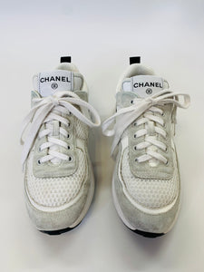 CHANEL Grey and White CC Lace Up Sneakers Size 36