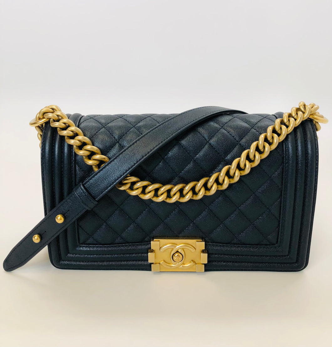 CHANEL Dark Blue Grained Calfskin Medium Boy Bag