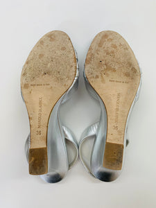Manolo Blahnik Silver Leather and Crystal Wedge Size 36