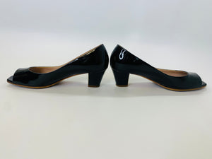 CHANEL Black Patent Leather Peep Toe Pumps Size 38