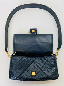 Fendi Navy Blue FF Embossed Baguette Bag