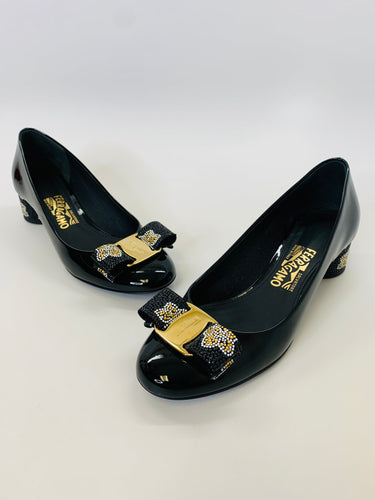 Salvatore Ferragamo Black Beaded Bow Pumps Size 7