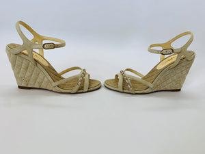 CHANEL Beige Quilted Suede Wedge Sandals Size 39 1/2