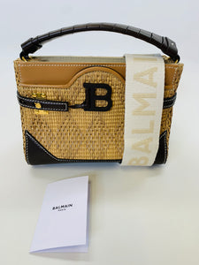 Balmain Bbuzz 22 Brown Calfskin and Raffia Top Handle Bag with Strap