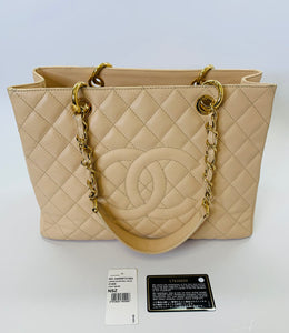 CHANEL Light Beige Caviar Leather Grand Shopping Tote Bag