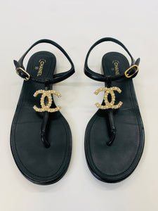 CHANEL Black CC Thong Sandal Size 39 1/2