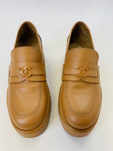 Load image into Gallery viewer, CHANEL 2022 Camel Leather CC Platform Loafers Size 37 1/2