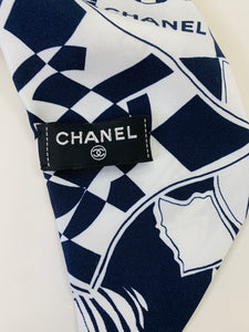 CHANEL Navy Blue and White CC Print Silk Hair Bow