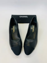 Load image into Gallery viewer, CHANEL Black CC Heel Cap Toe Pumps Size 37 1/2