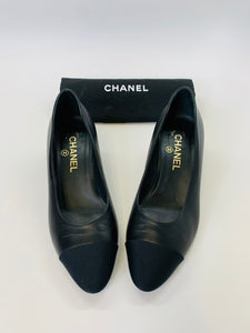 CHANEL Black CC Heel Cap Toe Pumps Size 37 1/2