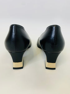 CHANEL Black CC Heel Cap Toe Pumps Size 37 1/2