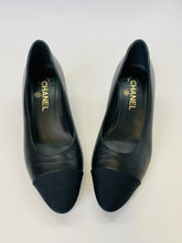 Load image into Gallery viewer, CHANEL Black CC Heel Cap Toe Pumps Size 37 1/2