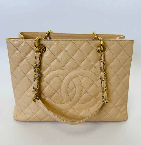 CHANEL Light Beige Caviar Leather Grand Shopping Tote Bag