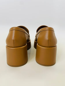 CHANEL 2022 Camel Leather CC Platform Loafers Size 37 1/2