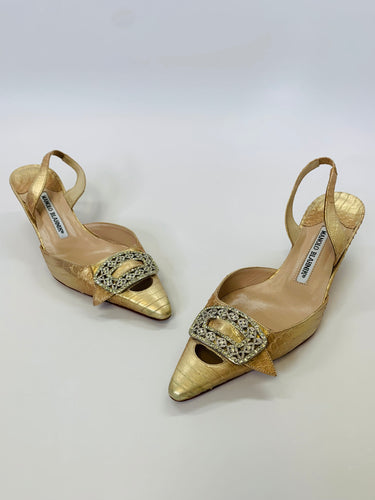 Manolo Blahnik Gold and Crystal Slingbacks Size 37