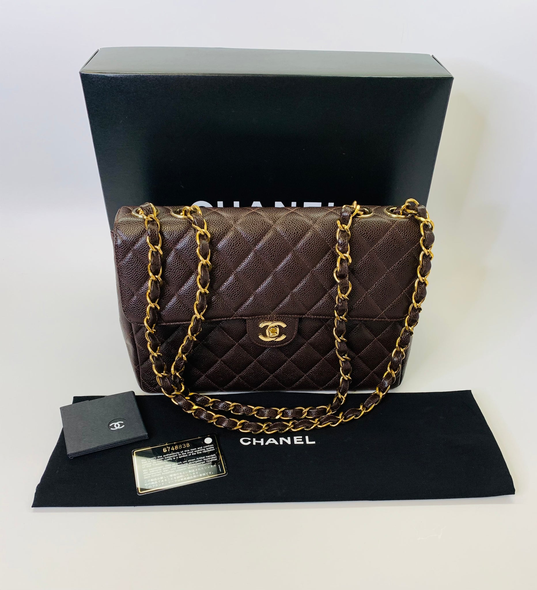 CHANEL Vintage Brown Caviar Leather Large Classic Single Flap Bag