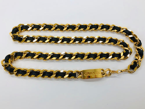 CHANEL Vintage Gold Plated Metal and Black Leather Belt size L