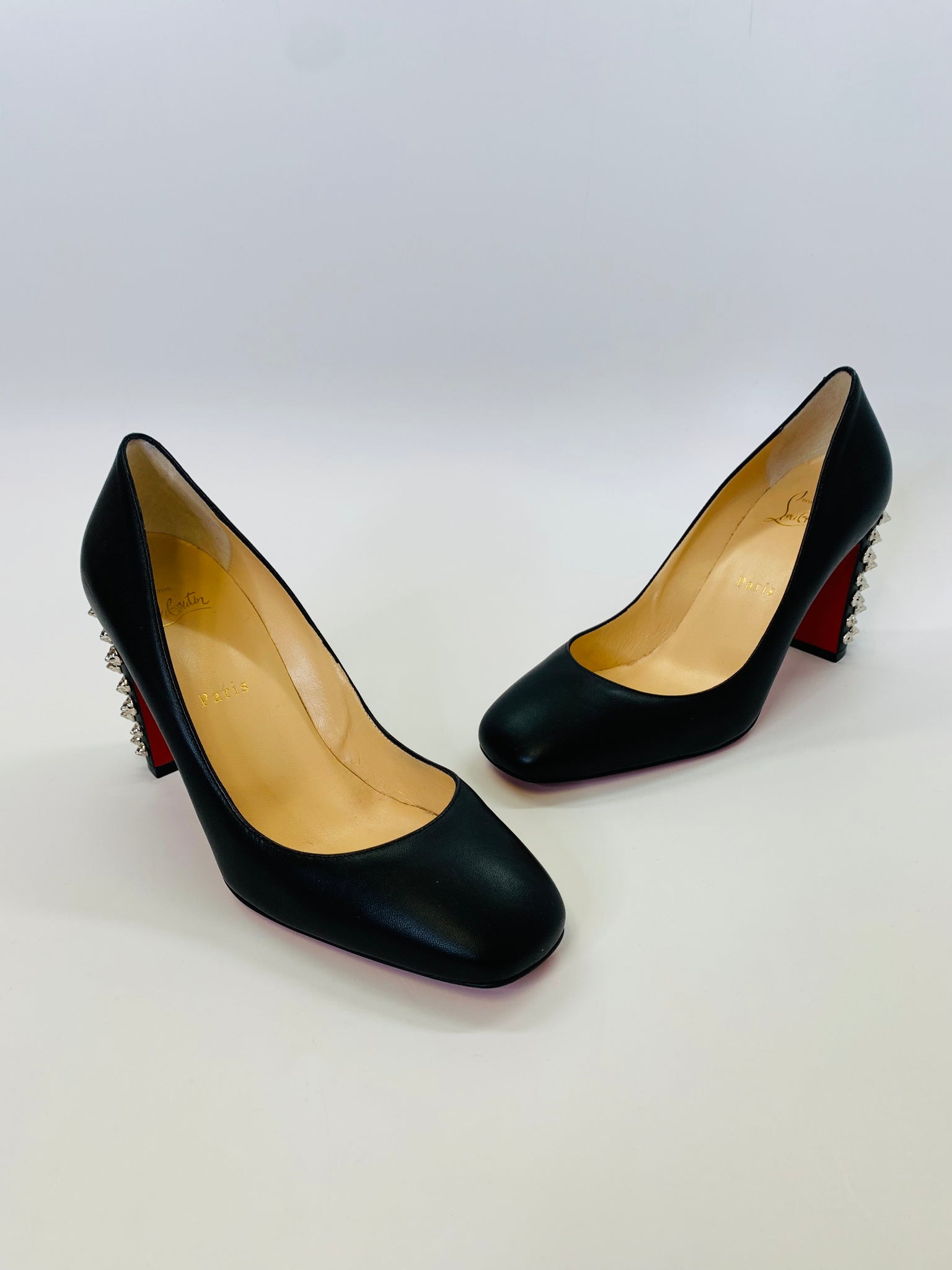 CHRISTIAN LOUBOUTIN Black Leather Pumps Heels Silver Spikes / Studded SIZE  35