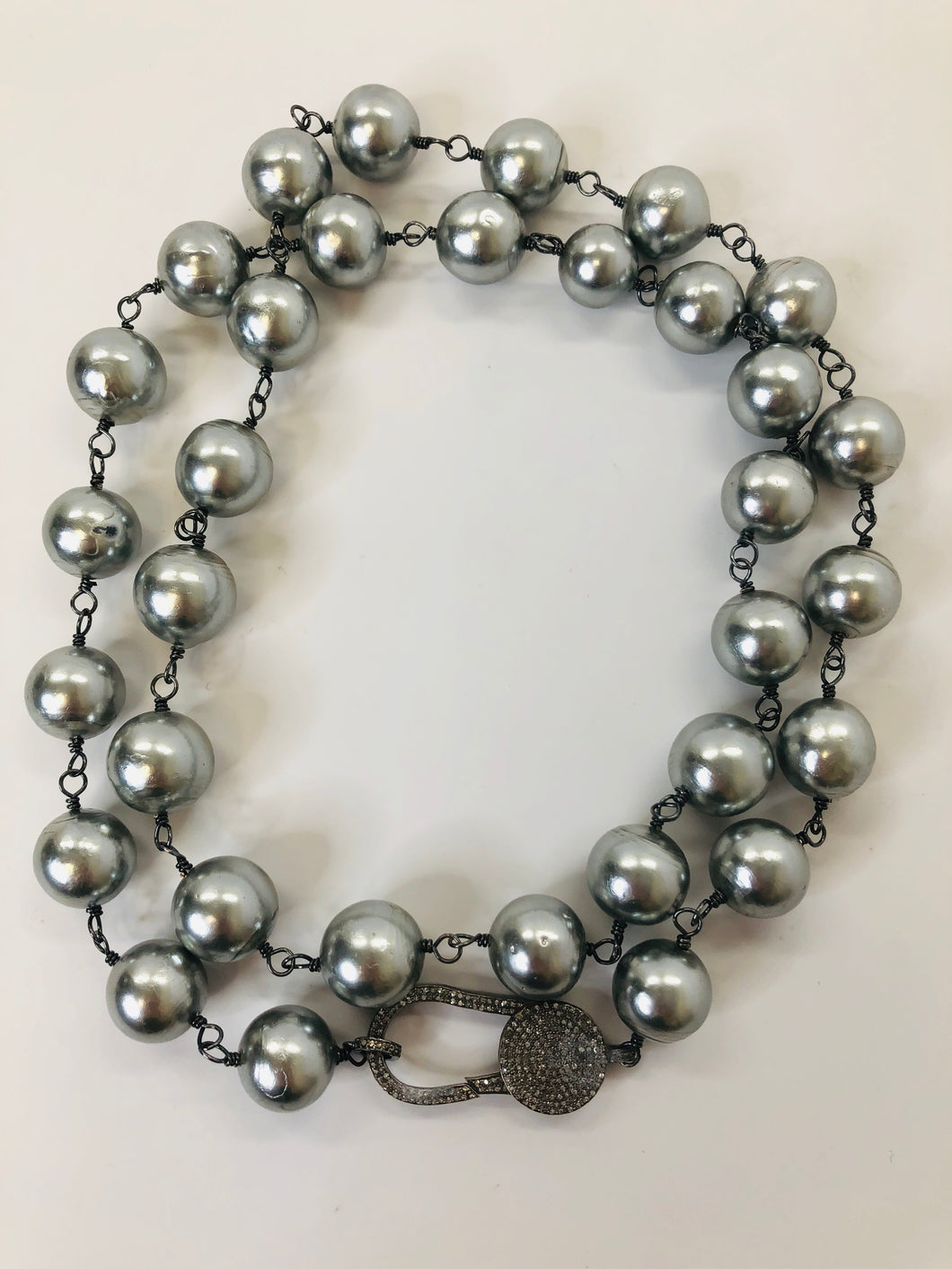 Rainey Elizabeth Long Silver Pearl and Pave Diamond Necklace