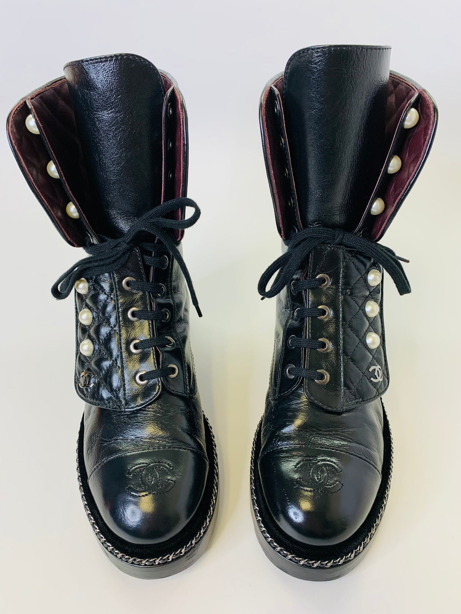 CHANEL Black Leather, and Silver Chain Combat Boots 37 1/2 – JDEX Styles