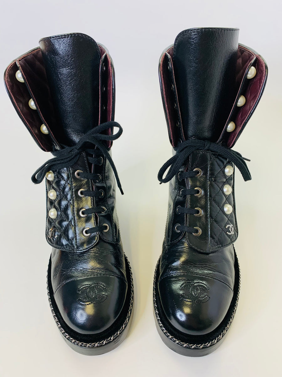 CHANEL Black Leather, Pearl and Silver Chain Combat Boots Size 37 1/2 –  JDEX Styles