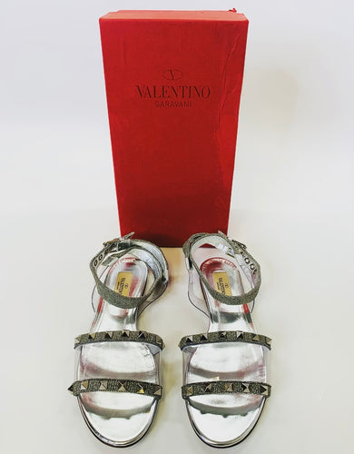 Valentino Garavani Silver Flat Rockstud Sandals Size 37
