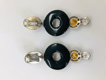 Load image into Gallery viewer, Oscar de la Renta Crystal, Pearl and Black Resin Clip Earrings