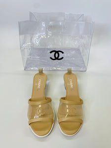 CHANEL Beige Leather and PVC Mules Size 38 1/2