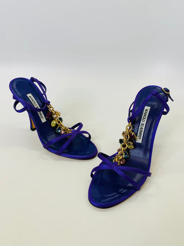 Manolo Blahnik Purple Satin and Multicolor Jeweled Sandals Size 36 1/2