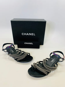 CHANEL Chain and Tweed Thong Sandals Size 40 1/2