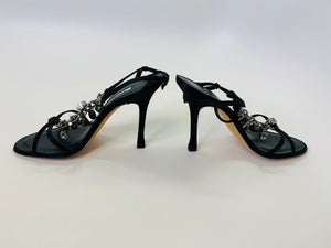 Manolo Blahnik Black Satin and Crystal Sandals Size 36 1/2