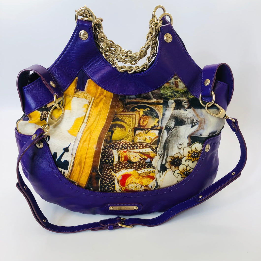 Versace Collaboration With Tim Roeloffs Purple Leather and Printed Fabric Kiss Bag