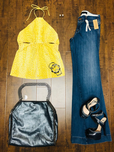 Roberto Cavalli Yellow Snakeskin Print Halter Top Size 48